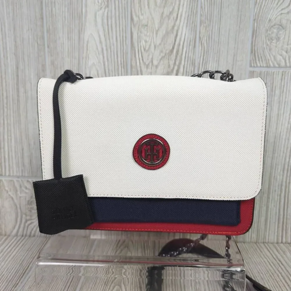 Tommy Hilfiger Classic Colorblock Blue White Red Chain Crossbody Bag Faux Leathe